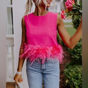NWT La’ Ros Pink Feather Trip Sleeveless Top, Sz S